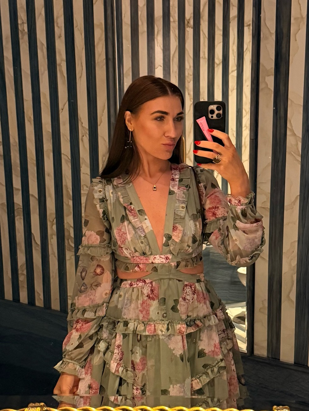 L'ATISTE Floral V-Neck Ruffle Tiered Dress in Pink & Green